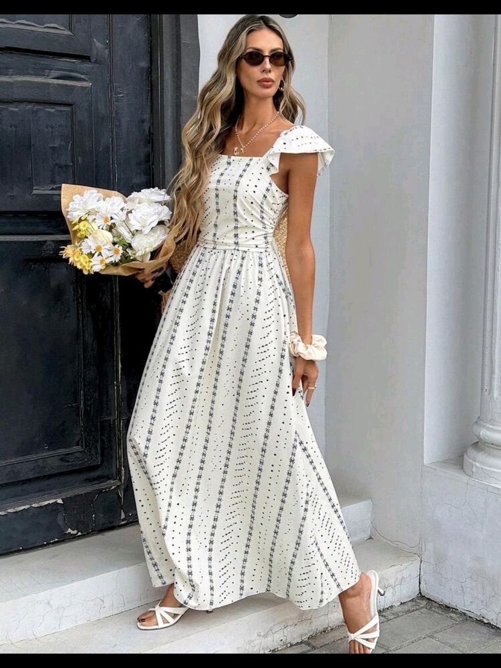 White Square-Neck Maxi Dress with Subtle Stripe Print NWOT - Picture 3 of 4